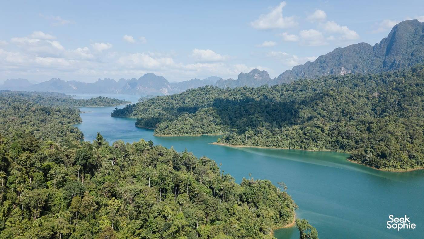 Cheow Lan Lake from above, between the forested limestone hills